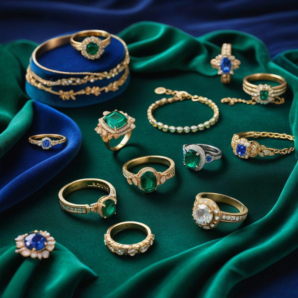 A stunning display of bespoke jewelry pieces including elegant rings, necklaces, and bracelets on a luxurious velvet fabric. Incorporate rich, deep colors like emerald green and royal blue to signify luxury, while adding subtle price tags to denote affordability. Surround the jewelry with delicate floral accents to enhance the elegance. The background should be softly blurred to keep the focus on the jewelry. super-realistic. vibrant colors. soft focus.