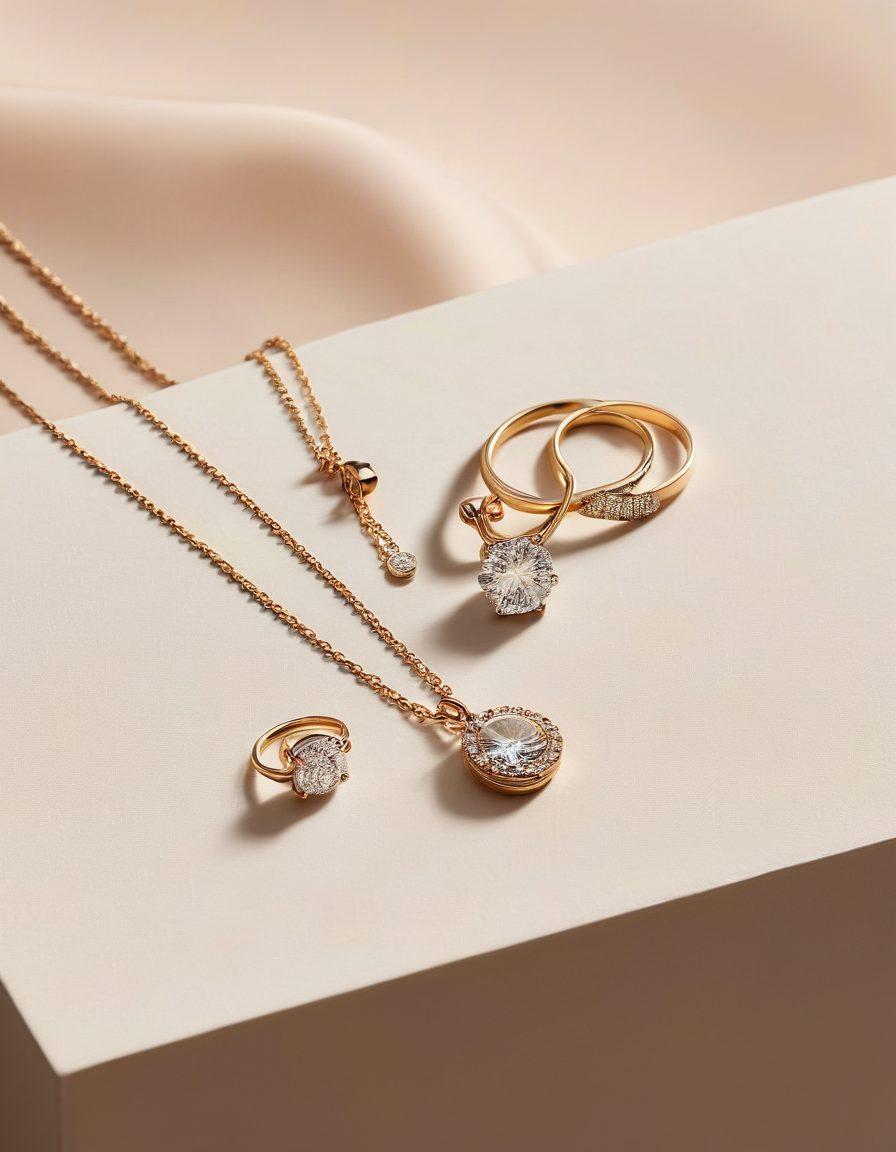 A delicate display of minimalist jewelry pieces elegantly arranged on a soft, neutral-toned surface. Include a close-up of a dainty necklace with a small pendant, a pair of simple stud earrings, and a sleek ring, all reflecting soft light. The overall ambiance should evoke feelings of sophistication and accessibility, showcasing the beauty of affordable elegance. Soft shadows and gentle textures enhance the minimalist aesthetic. super-realistic. soft color palette. white background.
