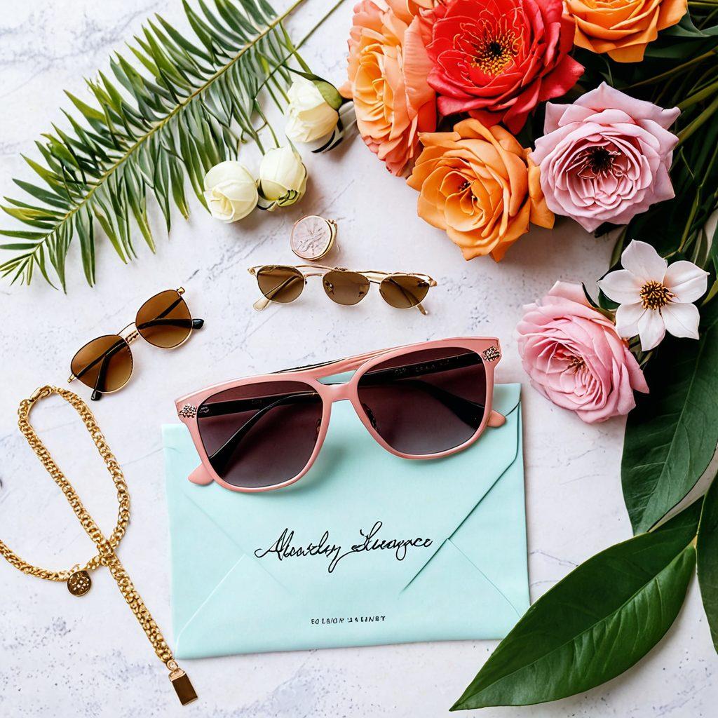 A stylish flat lay of unique accessories including a bold statement necklace, trendy sunglasses, and a chic handbag, all set on a soft pastel background. Delicate flowers surround the items, adding a touch of elegance and femininity. Incorporate a handwritten note that says 'Everyday Elegance' to enhance the theme. super-realistic. vibrant colors. soft pastel background.